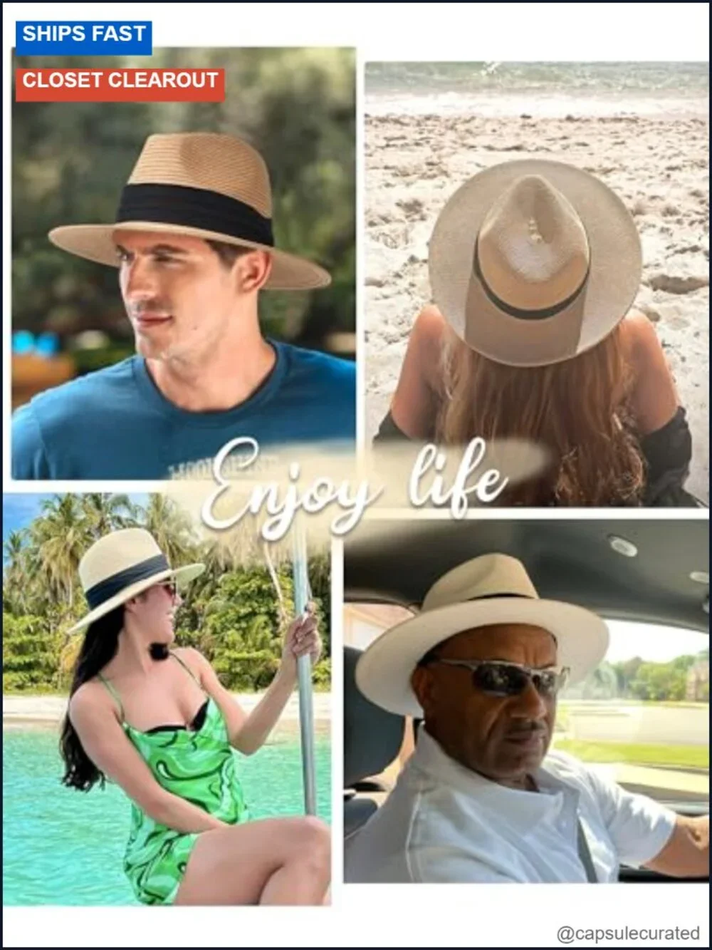 Wide Brim Straw Fedora Sun Hat - Foldable & Packable with Chin Strap